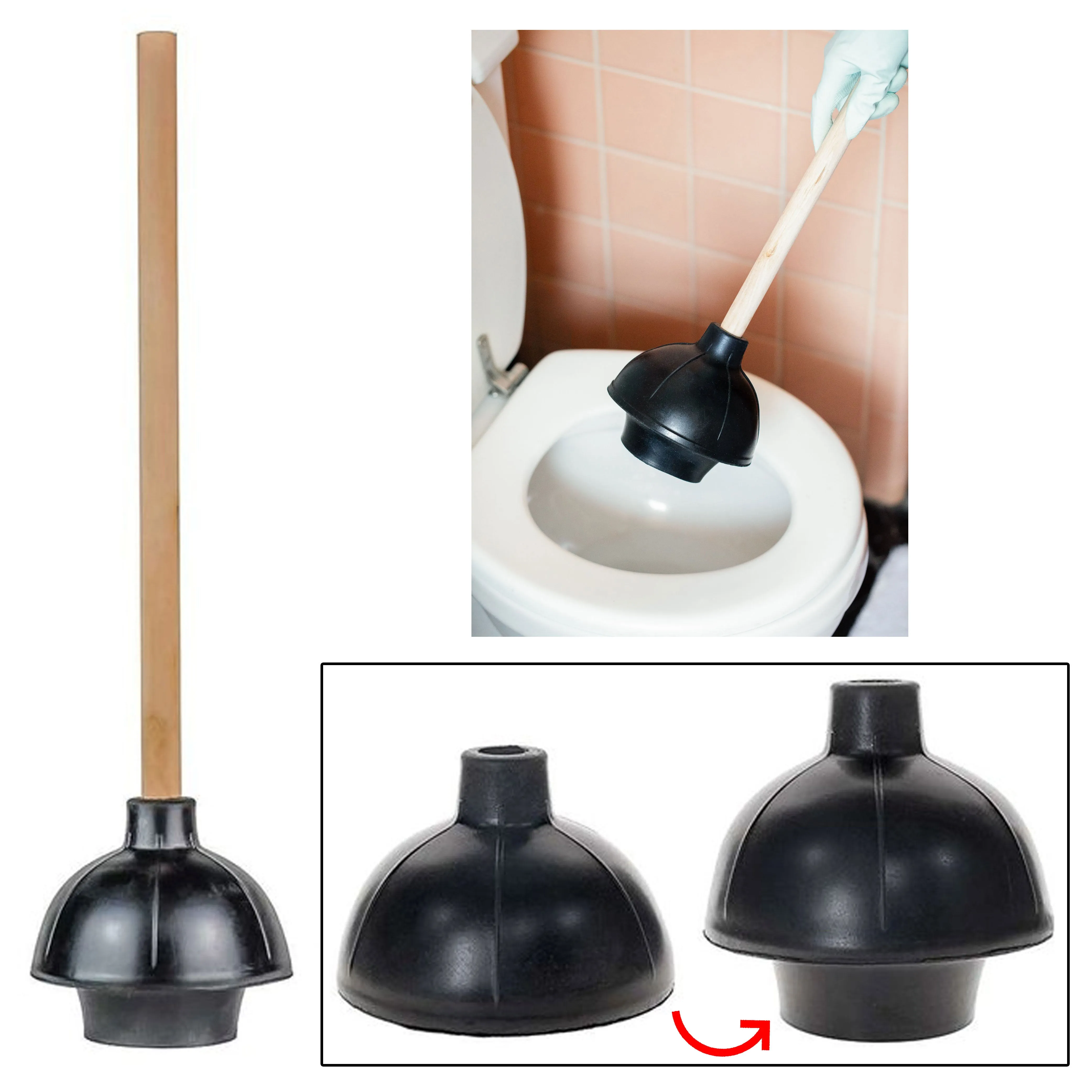 1 Toilet Plunger 19"L Wooden Handle Heavy Duty Rubber Flange Pump Declogger Sink