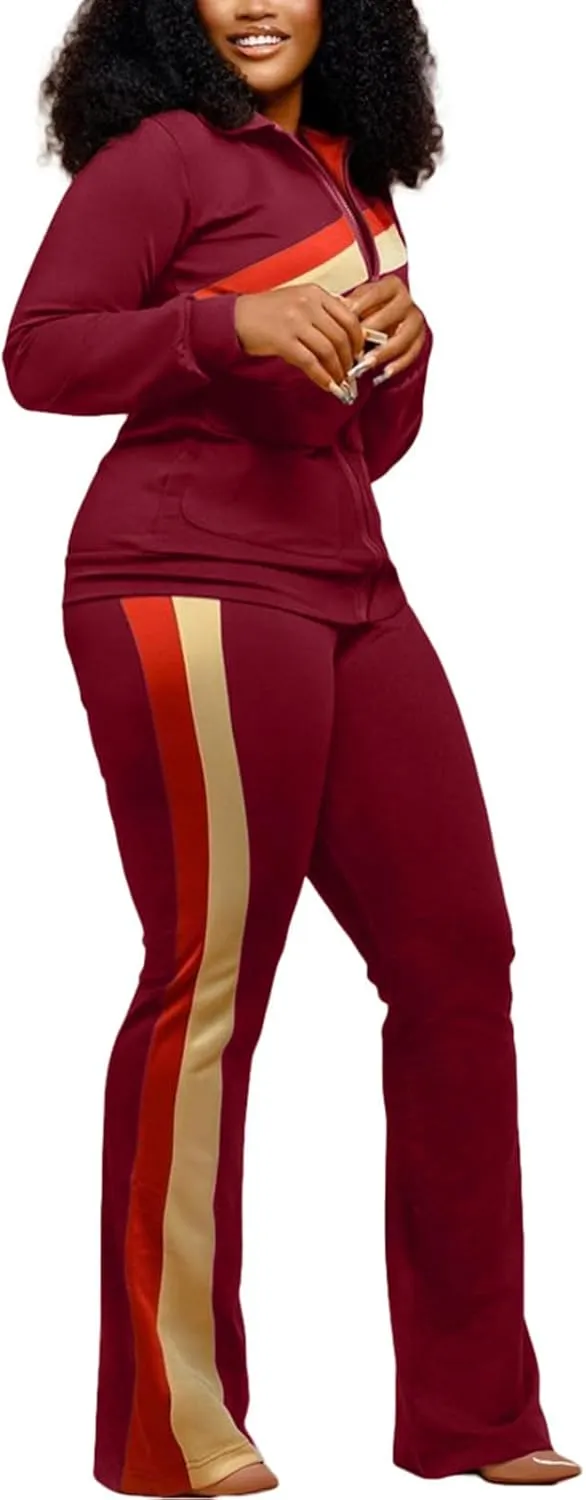 2 Piece Outfits for Women Long Sleeve Striped Zipup Jacket Wide Leg Long Pant Retro Tracksuit Sport Set Wine Red