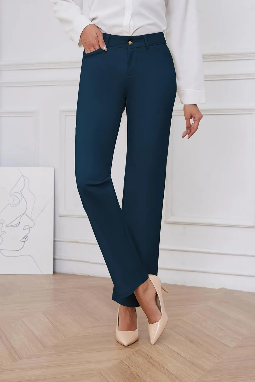 2025 Women Stretch Business Straight Leg Dress Pants with Pockets Wear to Work Casual Suitpants