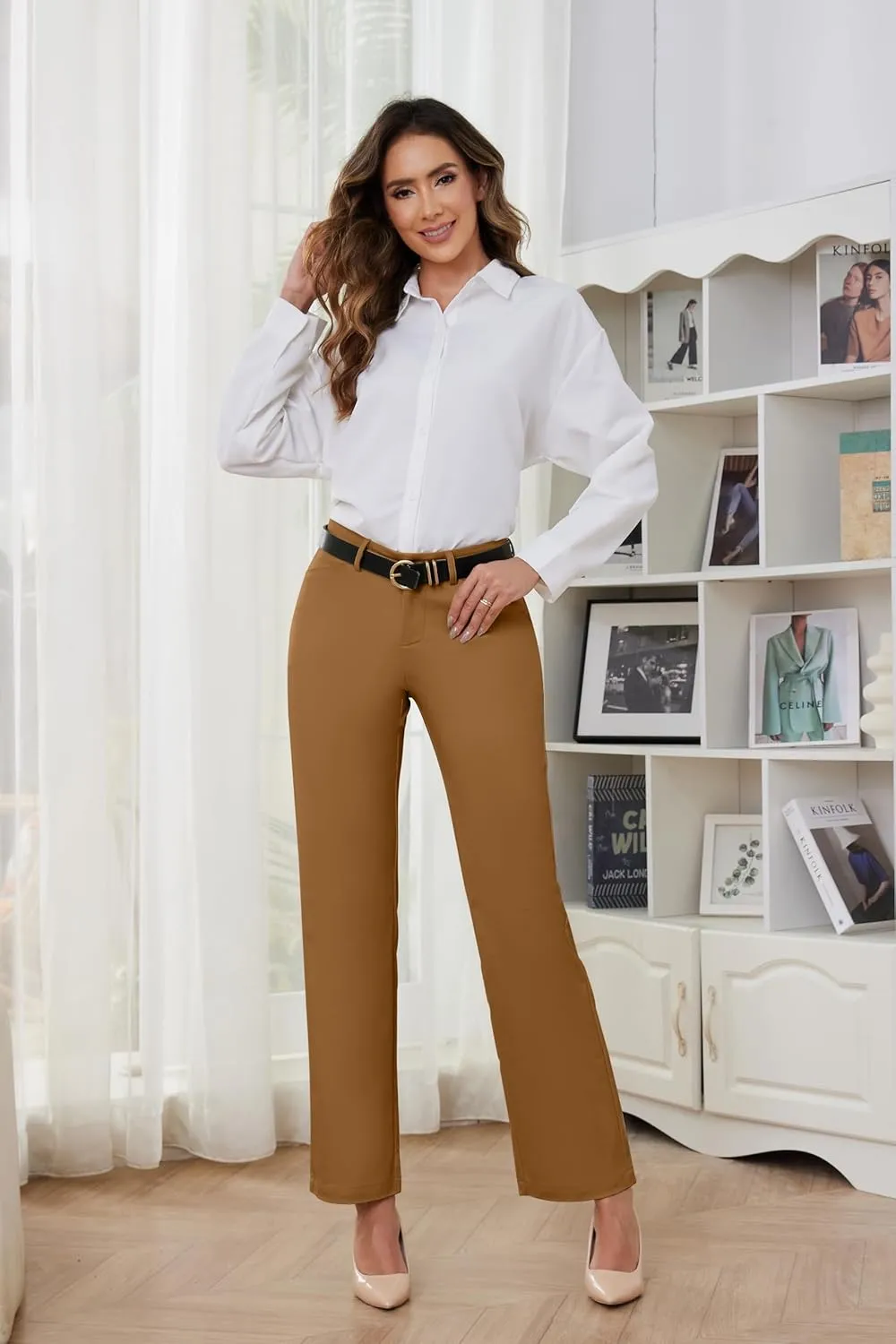 2025 Women Stretch Business Straight Leg Dress Pants with Pockets Wear to Work Casual Suitpants