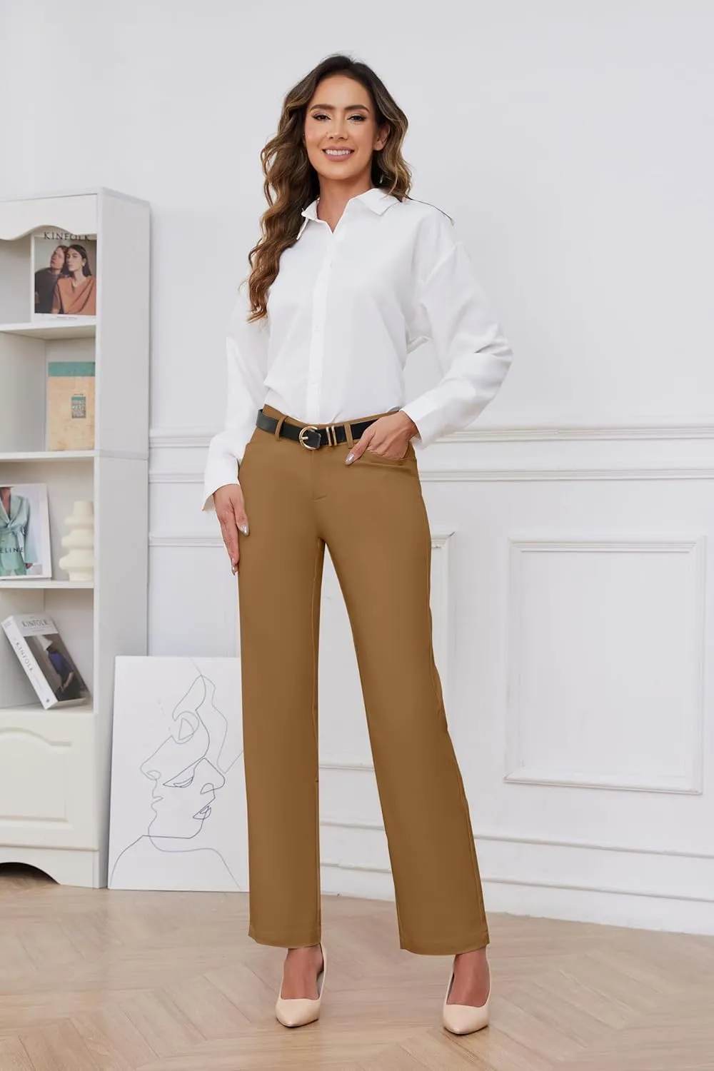 2025 Women Stretch Business Straight Leg Dress Pants with Pockets Wear to Work Casual Suitpants