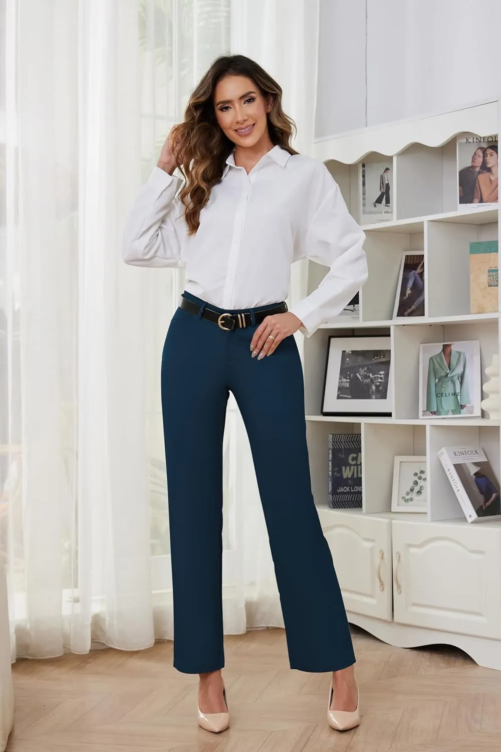 2025 Women Stretch Business Straight Leg Dress Pants with Pockets Wear to Work Casual Suitpants