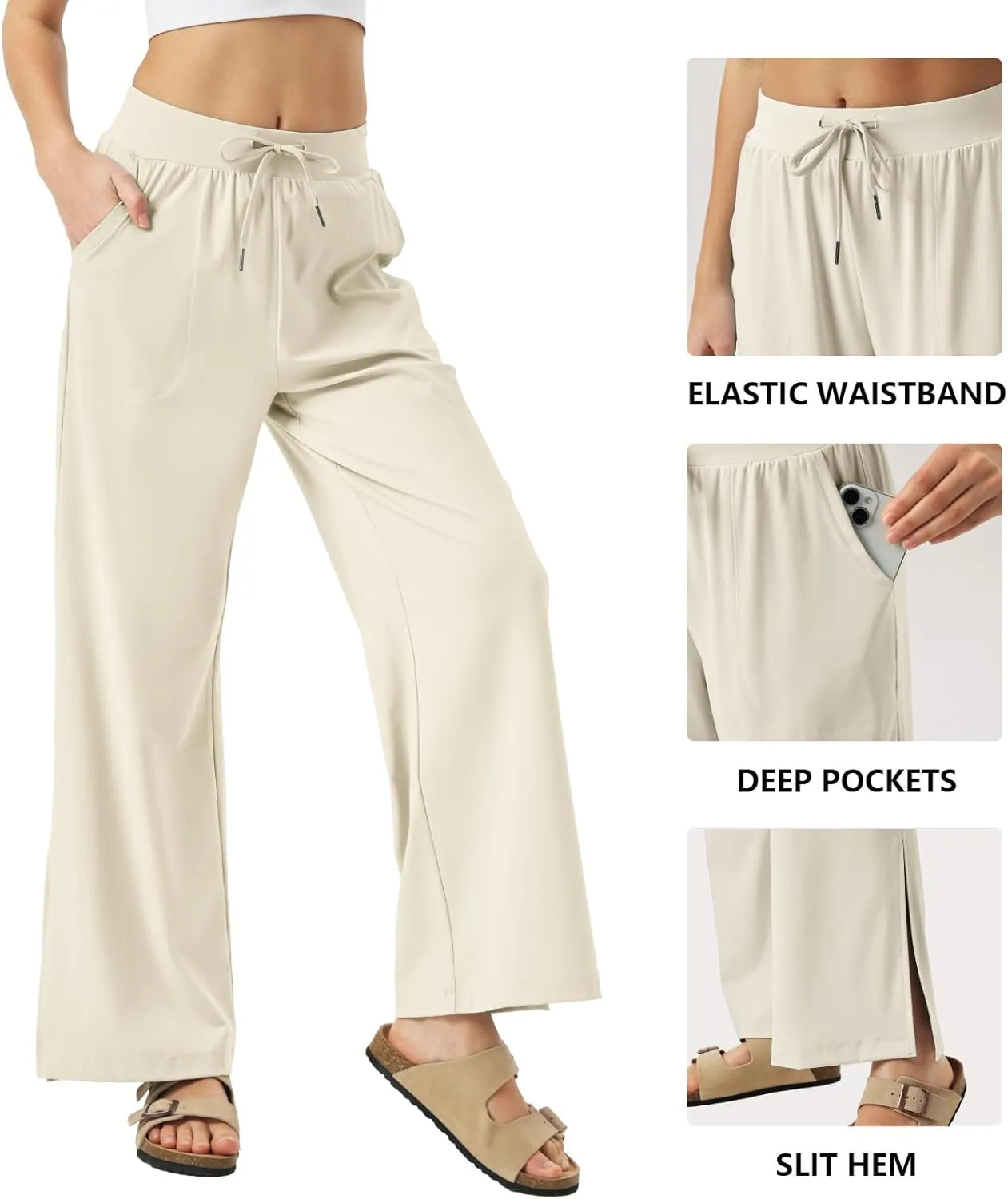 26"/28"/30" Inseam Womens Wide Leg Sweatpants Petite High Waist Summer Pants UPF50 Lightweight Beach with Pocket Split Leg