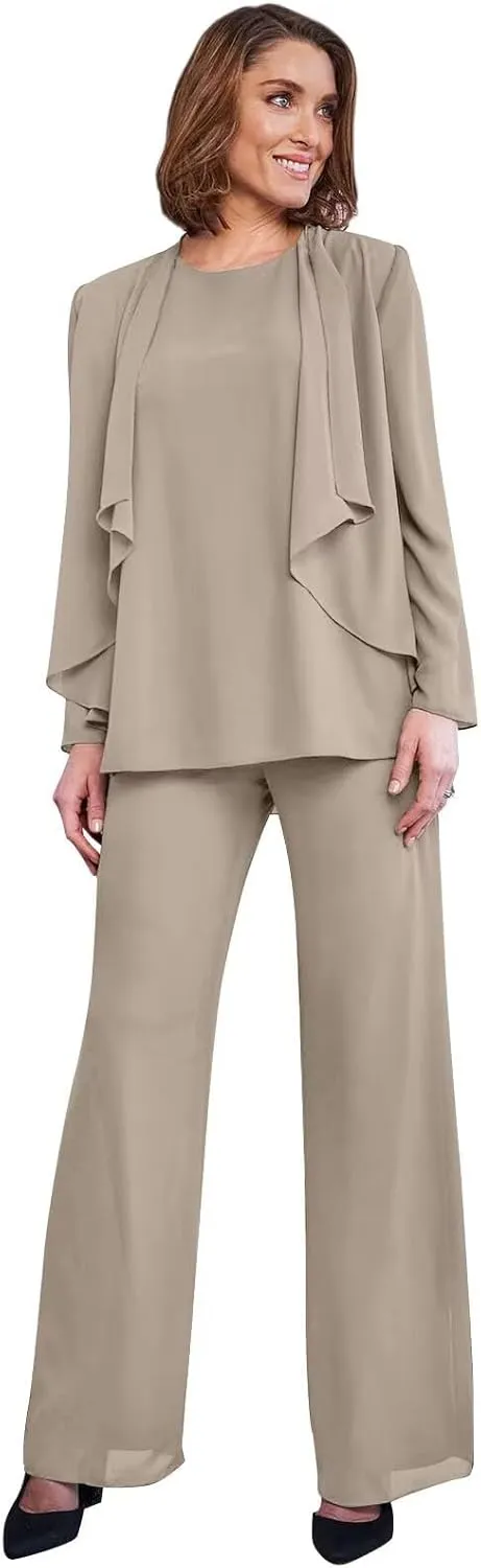 3 Pieces Classy Mother of The Bride Pant Suits with Jacket Long Sleeve Chiffon Pants Suits for Women Dressy