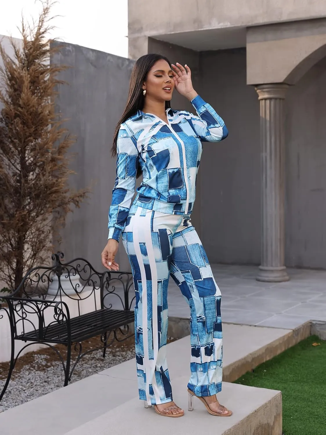 Adogirl Womens Two Piece Outfits Zipper Up Pattern Print Long Sleeve Jogging Weat Suits Matching Jogger Long Pants Set