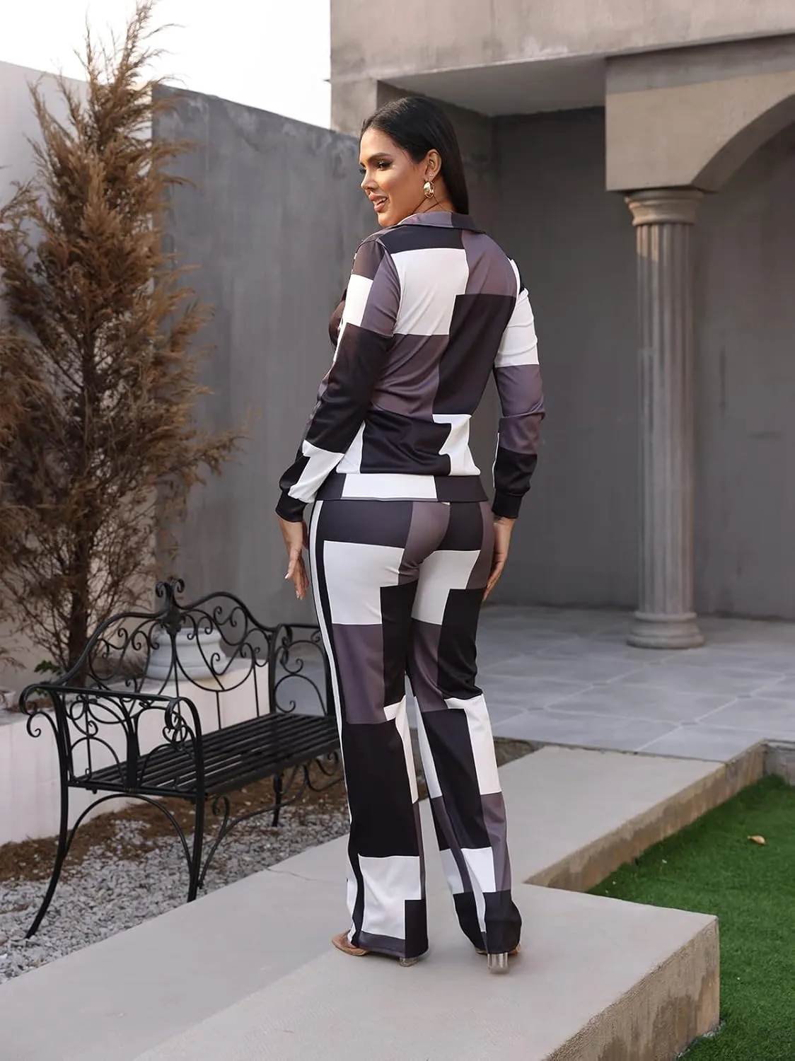 Adogirl Womens Two Piece Outfits Zipper Up Pattern Print Long Sleeve Jogging Weat Suits Matching Jogger Long Pants Set