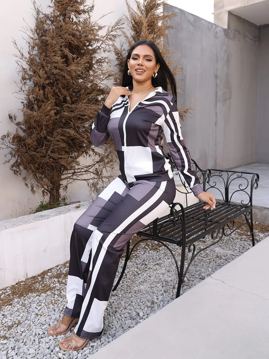 Adogirl Womens Two Piece Outfits Zipper Up Pattern Print Long Sleeve Jogging Weat Suits Matching Jogger Long Pants Set