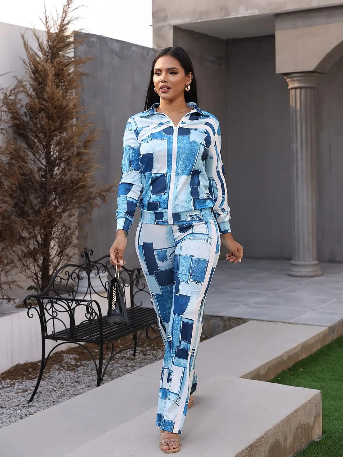 Adogirl Womens Two Piece Outfits Zipper Up Pattern Print Long Sleeve Jogging Weat Suits Matching Jogger Long Pants Set
