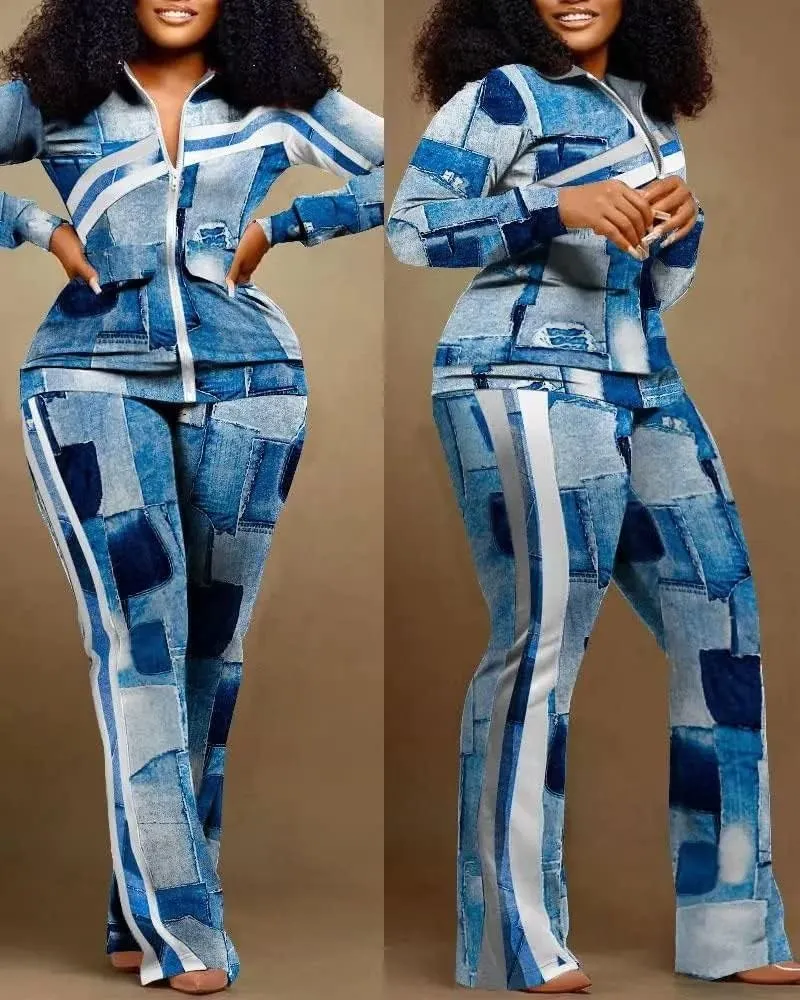 Adogirl Womens Two Piece Outfits Zipper Up Pattern Print Long Sleeve Jogging Weat Suits Matching Jogger Long Pants Set