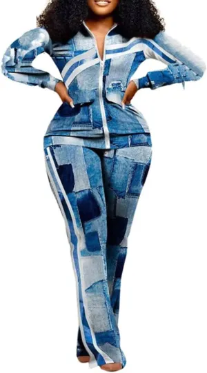 Adogirl Womens Two Piece Outfits Zipper Up Pattern Print Long Sleeve Jogging Weat Suits Matching Jogger Long Pants Set
