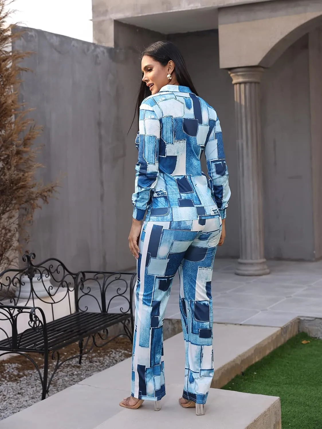 Adogirl Womens Two Piece Outfits Zipper Up Pattern Print Long Sleeve Jogging Weat Suits Matching Jogger Long Pants Set