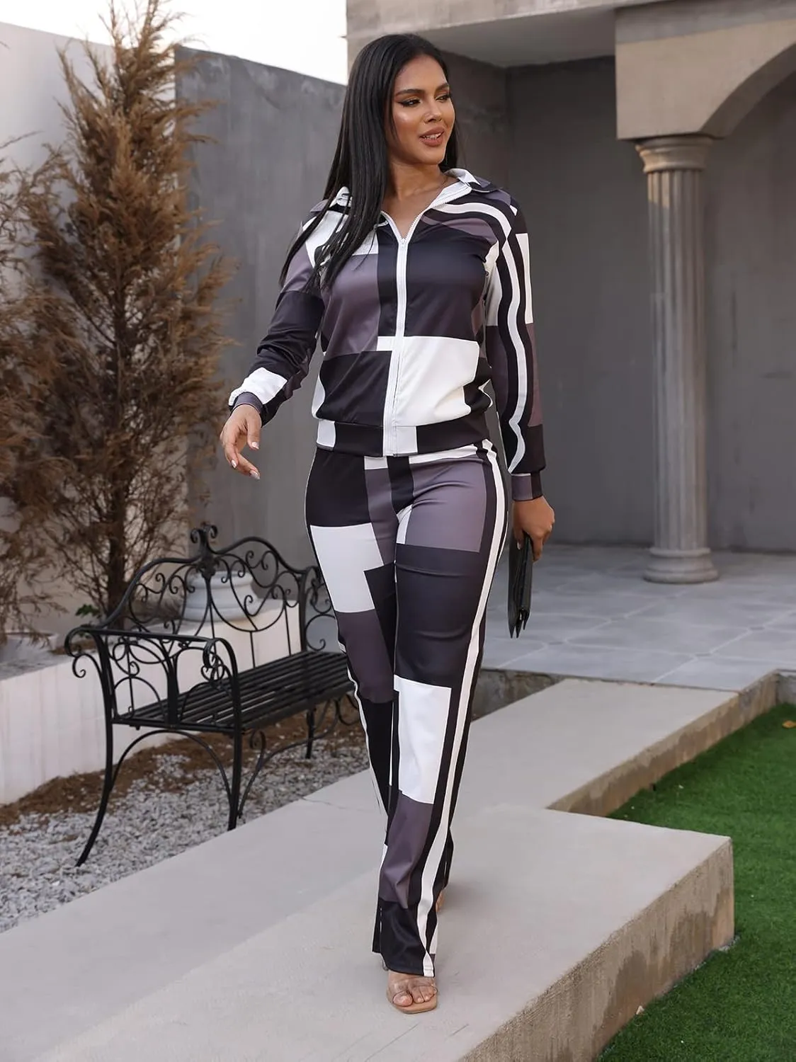 Adogirl Womens Two Piece Outfits Zipper Up Pattern Print Long Sleeve Jogging Weat Suits Matching Jogger Long Pants Set