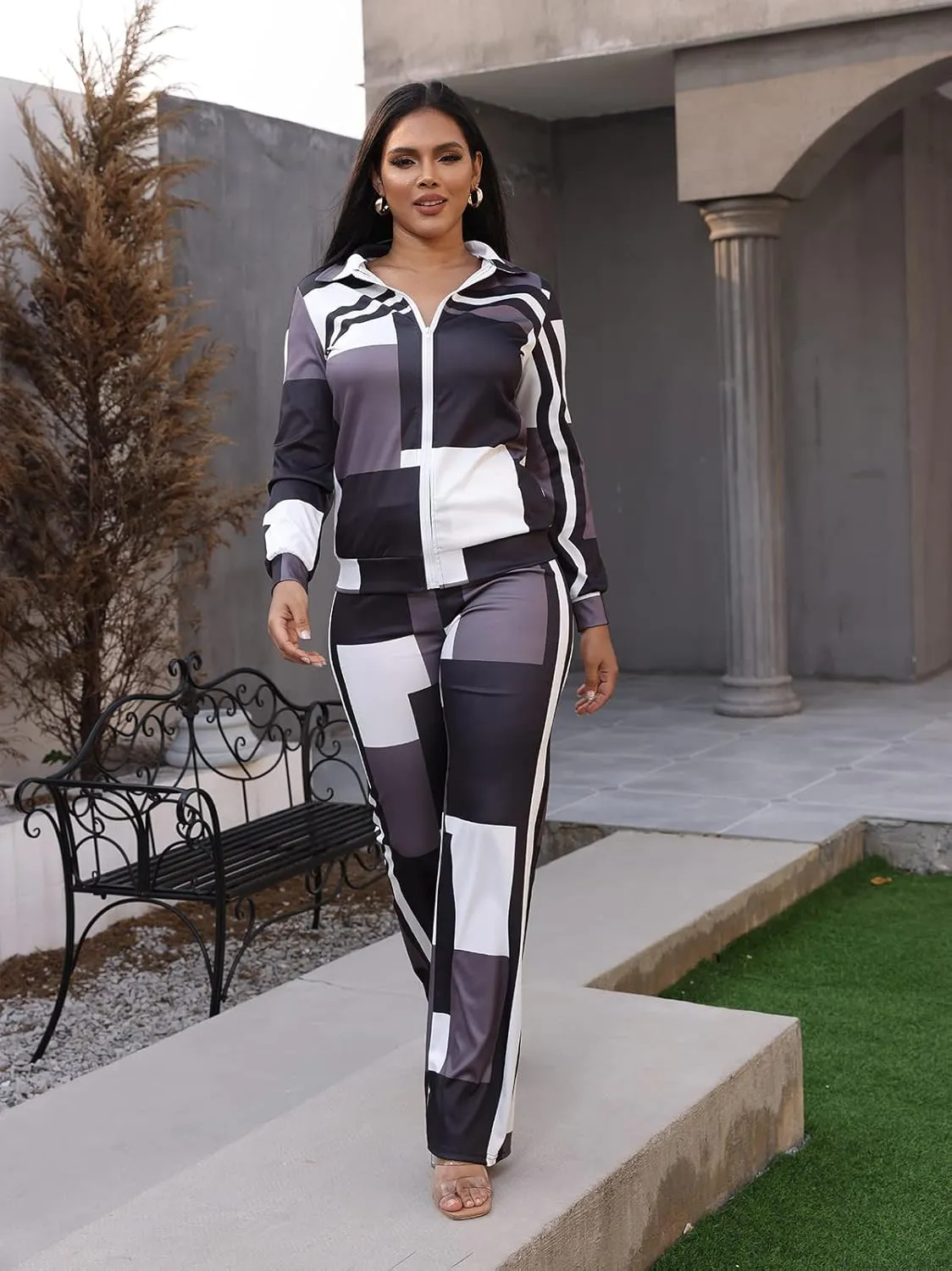 Adogirl Womens Two Piece Outfits Zipper Up Pattern Print Long Sleeve Jogging Weat Suits Matching Jogger Long Pants Set
