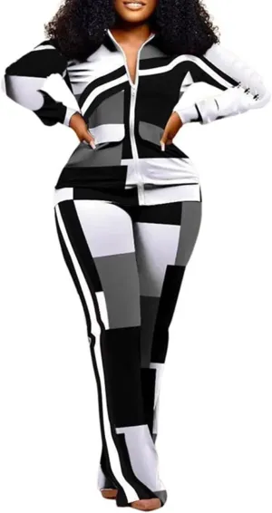 Adogirl Womens Two Piece Outfits Zipper Up Pattern Print Long Sleeve Jogging Weat Suits Matching Jogger Long Pants Set