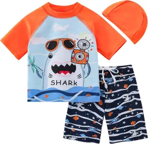 AIWUHE Toddler Boys Swimsuit Set Two Piece Shark Bathing Suit Boys' Swimwear Trunk and Rashguard Set 2-7Y