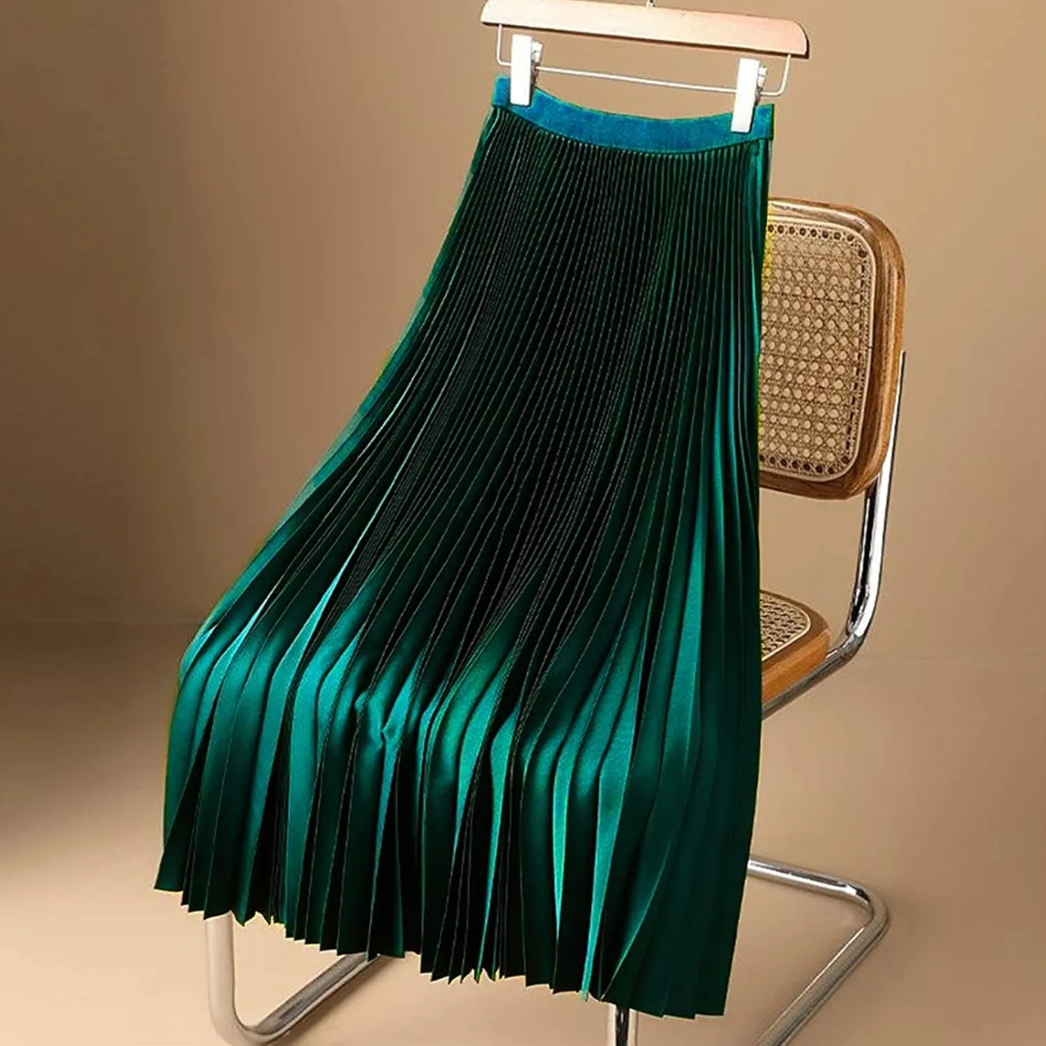 Akklian Pleated Midi Skirts for Women High Waisted A-Line Satin Skirts Chiffon Flare Casual Skirt 2024 Plus Size Midi Dress