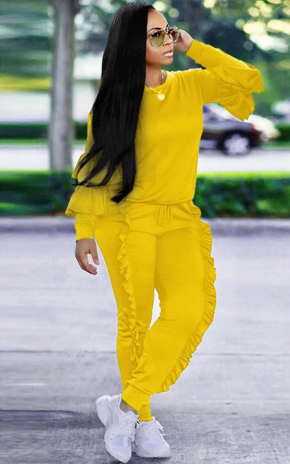 Akmipoem Women's Two Piece Outfits Ruffle Sleeve Sweatshirt and Long Pants Tracksuit Sets