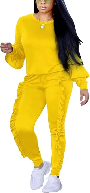 Akmipoem Women's Two Piece Outfits Ruffle Sleeve Sweatshirt and Long Pants Tracksuit Sets