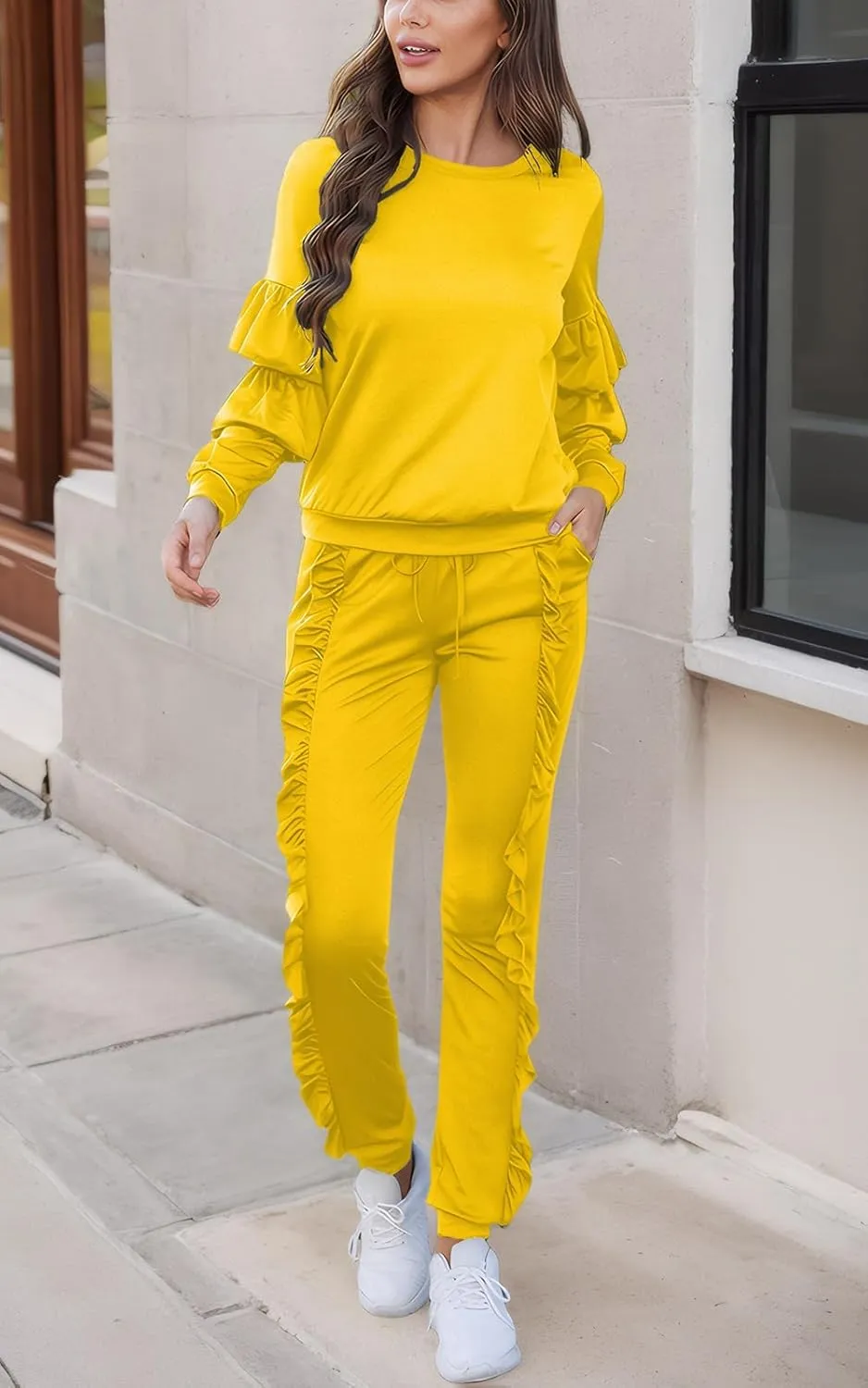 Akmipoem Women's Two Piece Outfits Ruffle Sleeve Sweatshirt and Long Pants Tracksuit Sets