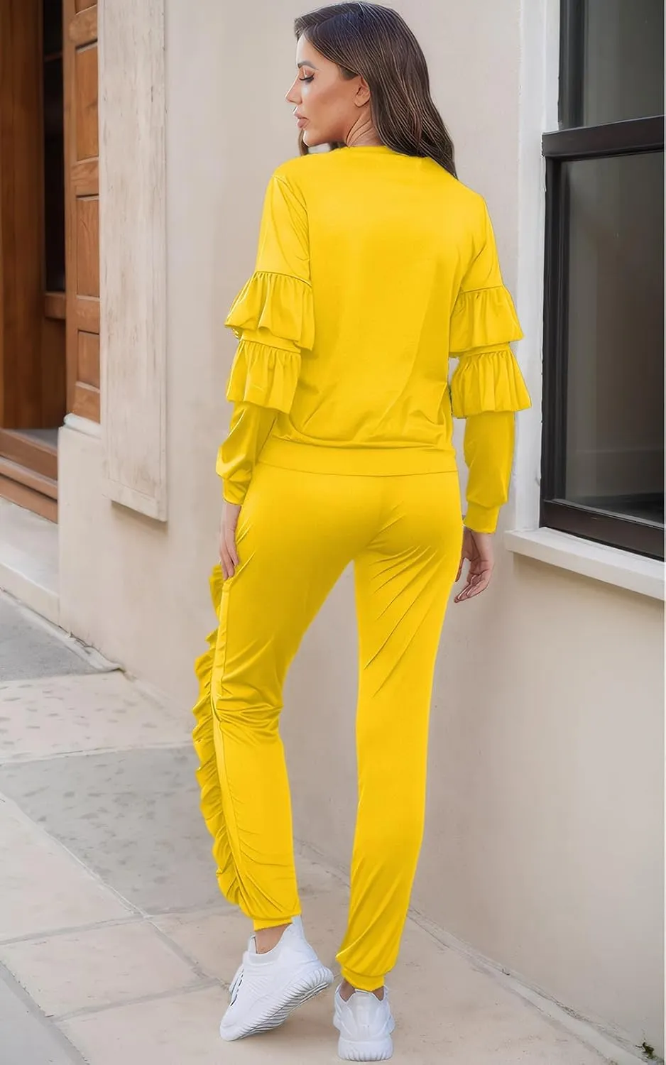 Akmipoem Women's Two Piece Outfits Ruffle Sleeve Sweatshirt and Long Pants Tracksuit Sets