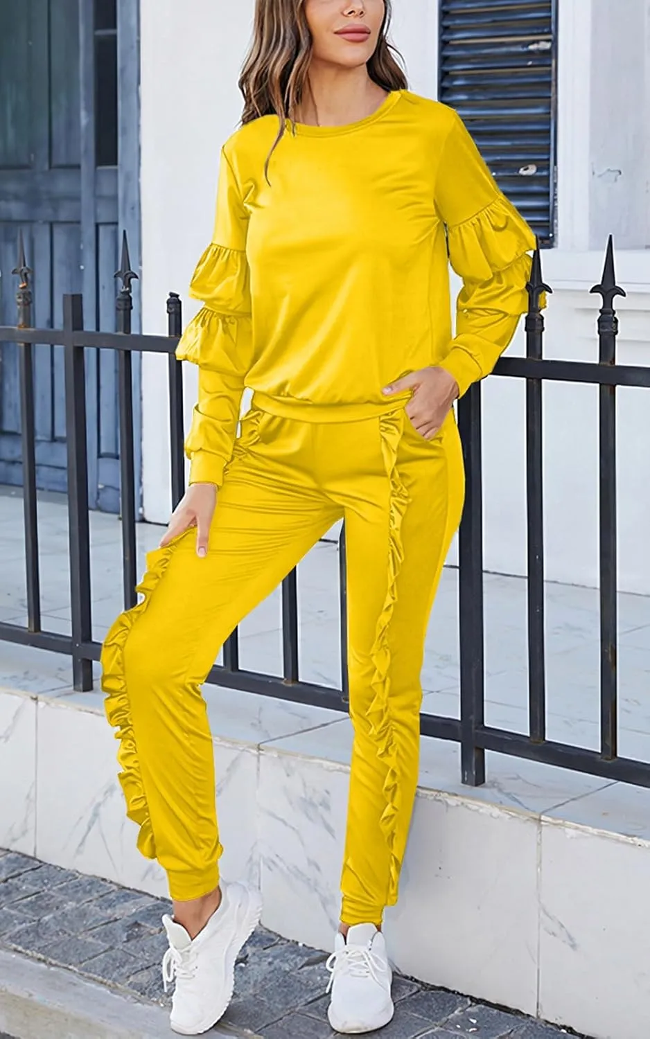 Akmipoem Women's Two Piece Outfits Ruffle Sleeve Sweatshirt and Long Pants Tracksuit Sets