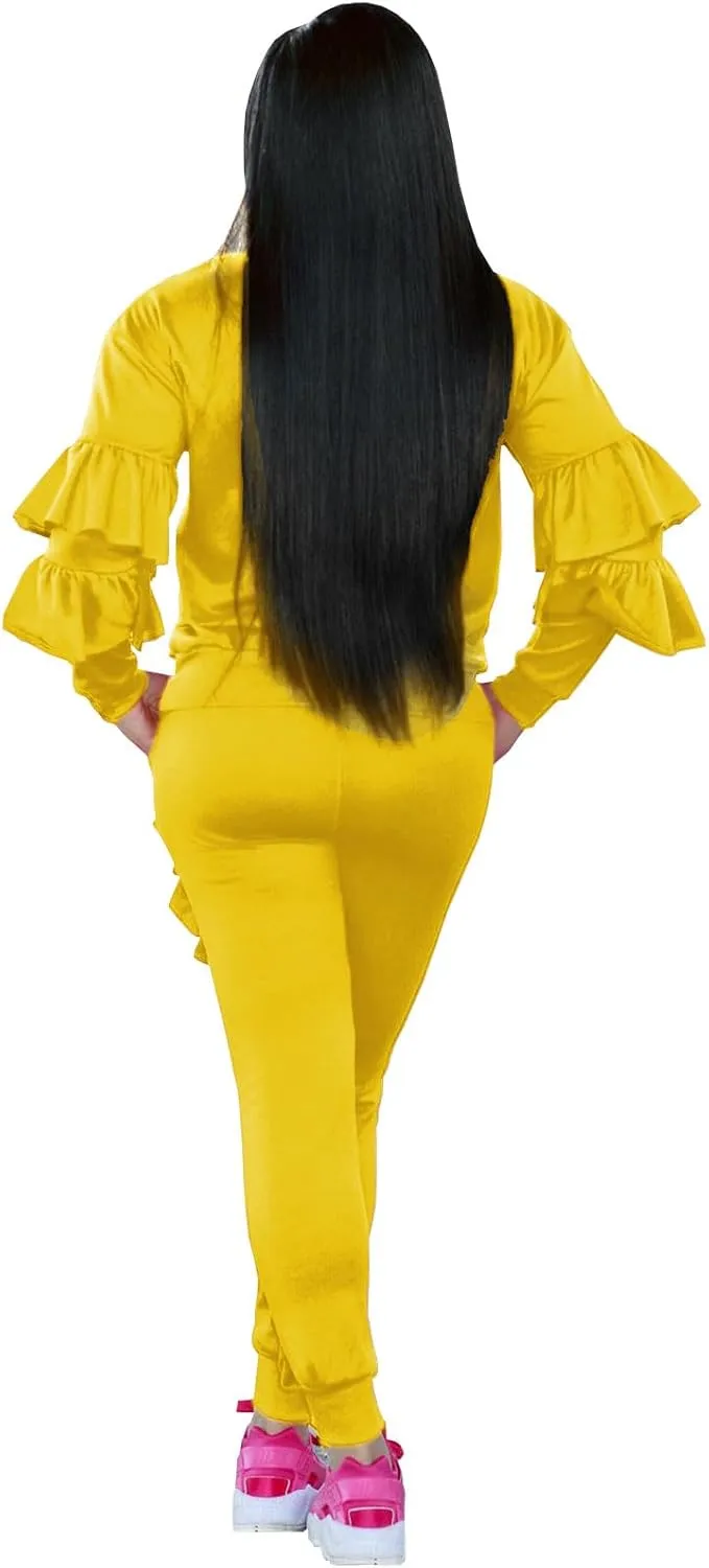 Akmipoem Women's Two Piece Outfits Ruffle Sleeve Sweatshirt and Long Pants Tracksuit Sets