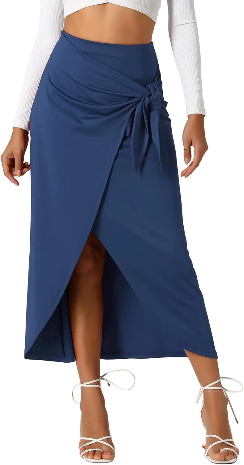 Allegra K Skirts for Women's Split Thigh Front High Waist Long Skirt Casual Boho Wrap Draped Bodycon Midi Skirt