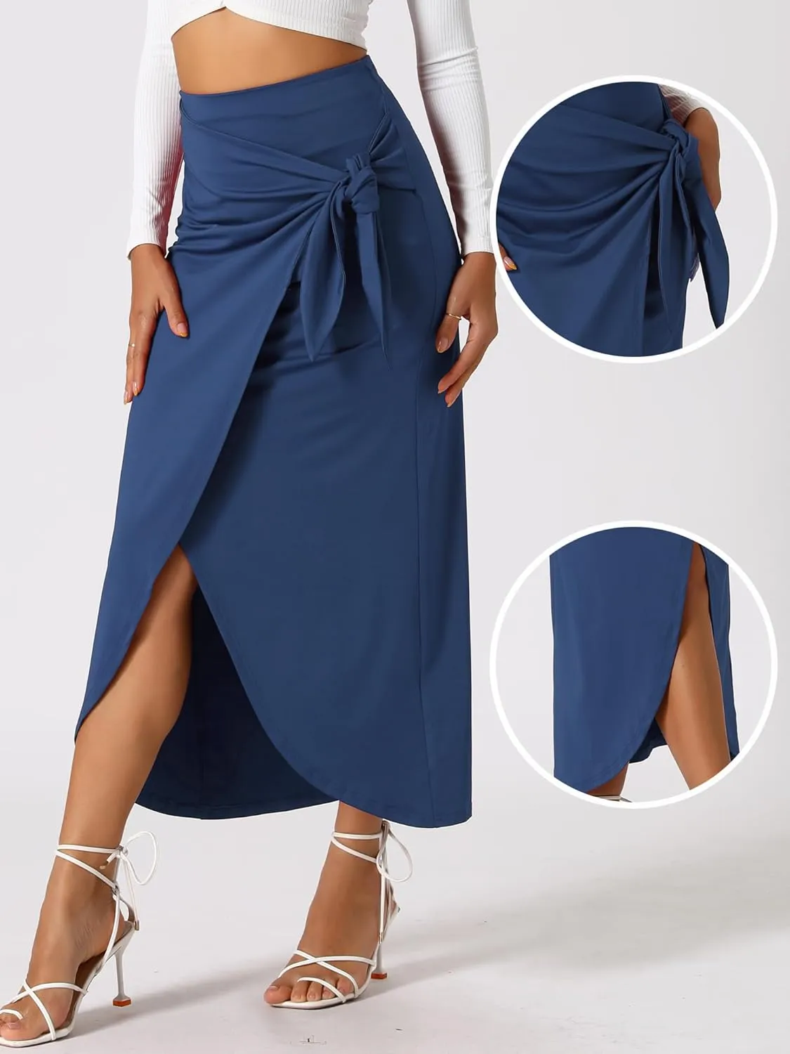 Allegra K Skirts for Women's Split Thigh Front High Waist Long Skirt Casual Boho Wrap Draped Bodycon Midi Skirt