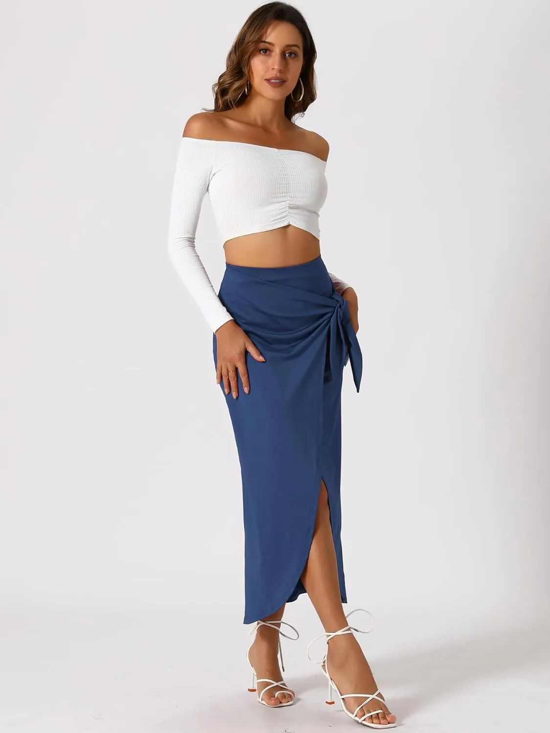 Allegra K Skirts for Women's Split Thigh Front High Waist Long Skirt Casual Boho Wrap Draped Bodycon Midi Skirt