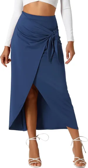 Allegra K Skirts for Women's Split Thigh Front High Waist Long Skirt Casual Boho Wrap Draped Bodycon Midi Skirt
