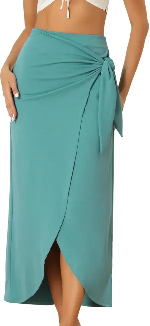 Allegra K Skirts for Women's Split Thigh Front High Waist Long Skirt Casual Boho Wrap Draped Bodycon Midi Skirt