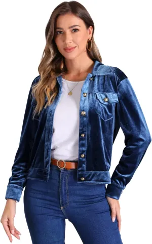 Allegra K Velvet Jacket for Women's Button-Up Long Sleeve Crop Jacket