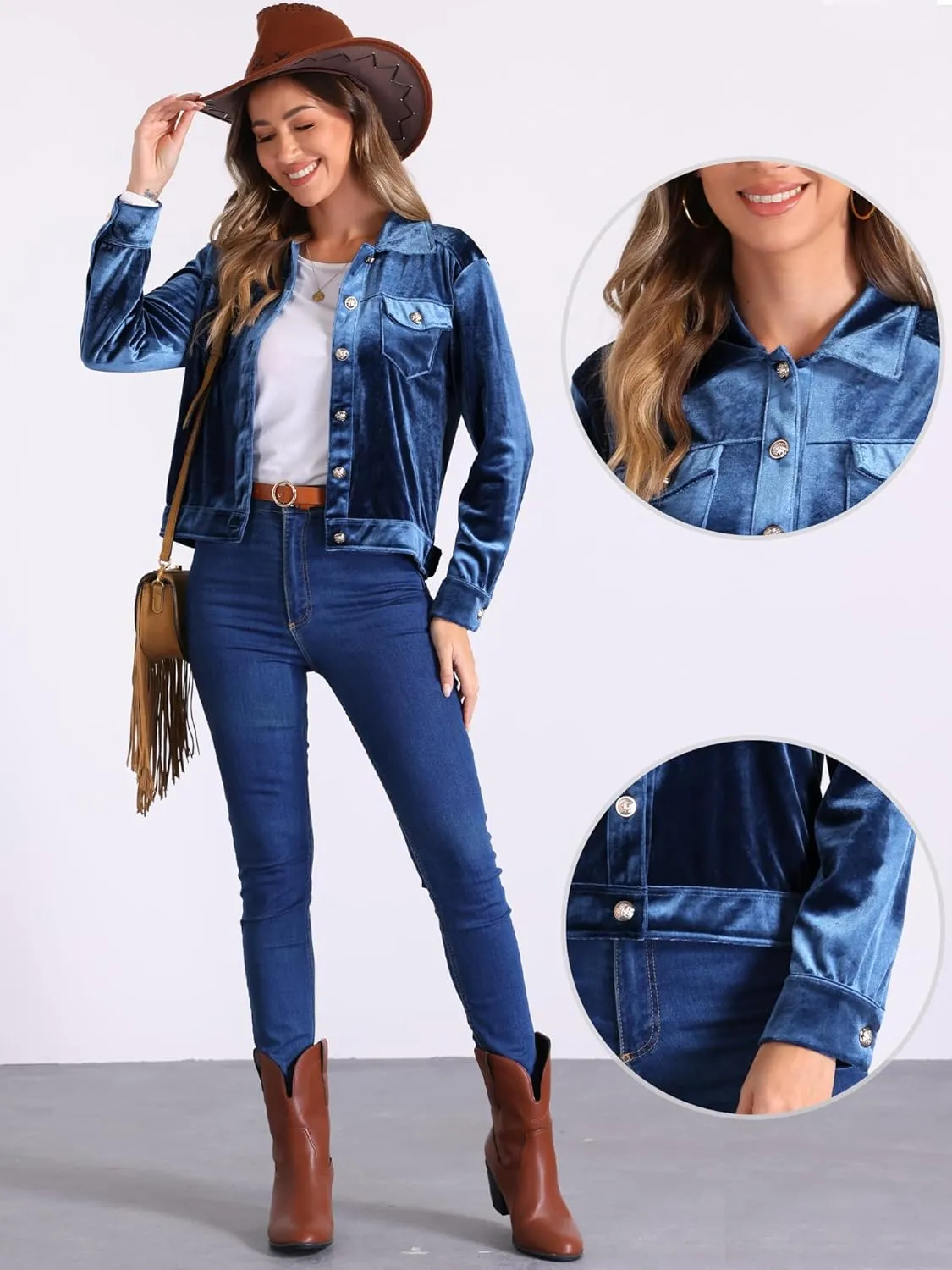 Allegra K Velvet Jacket for Women's Button-Up Long Sleeve Crop Jacket