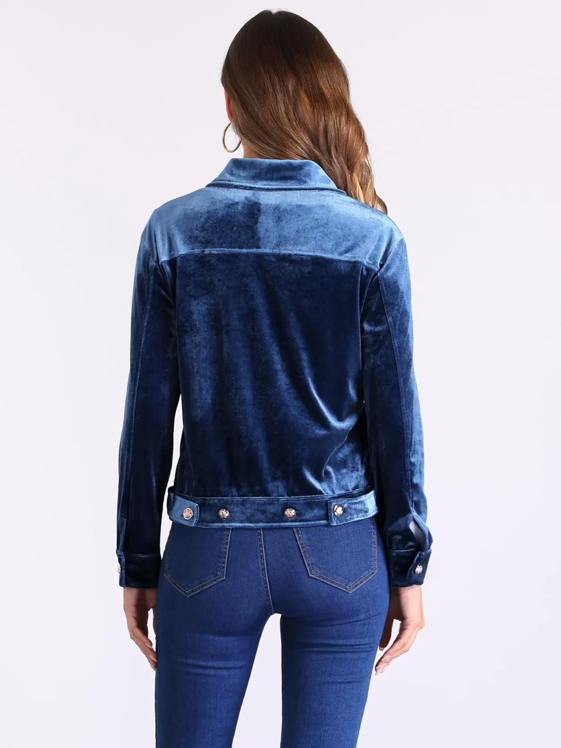 Allegra K Velvet Jacket for Women's Button-Up Long Sleeve Crop Jacket