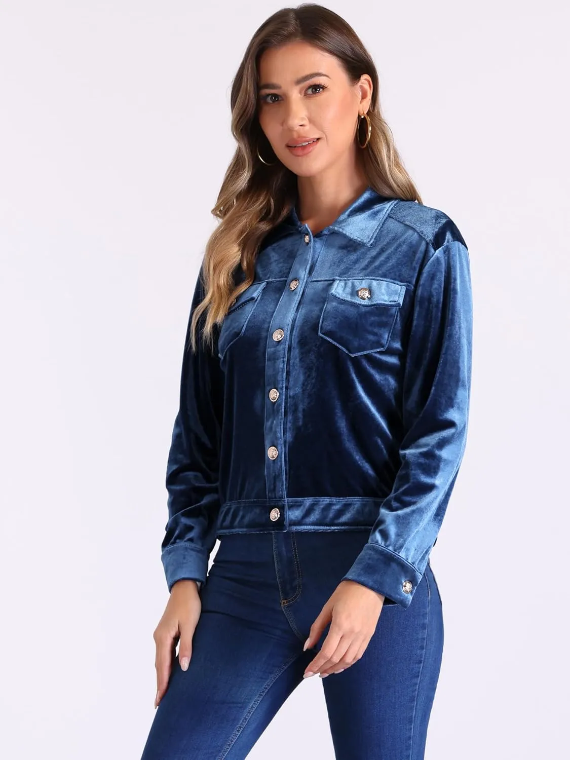 Allegra K Velvet Jacket for Women's Button-Up Long Sleeve Crop Jacket