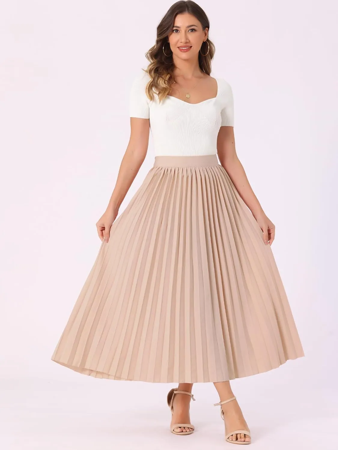 Allegra K Women's High Waisted Side Zipper Work Casual Vacation Flowy Long Pleated Maxi Skirts
