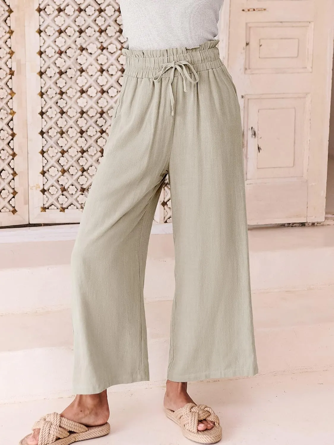 ANRABESS Women Linen Pants Casual Loose High Waist Boho Wide Leg Cropped Palazzo Beach Pants Summer Outfits 2025 Trendy