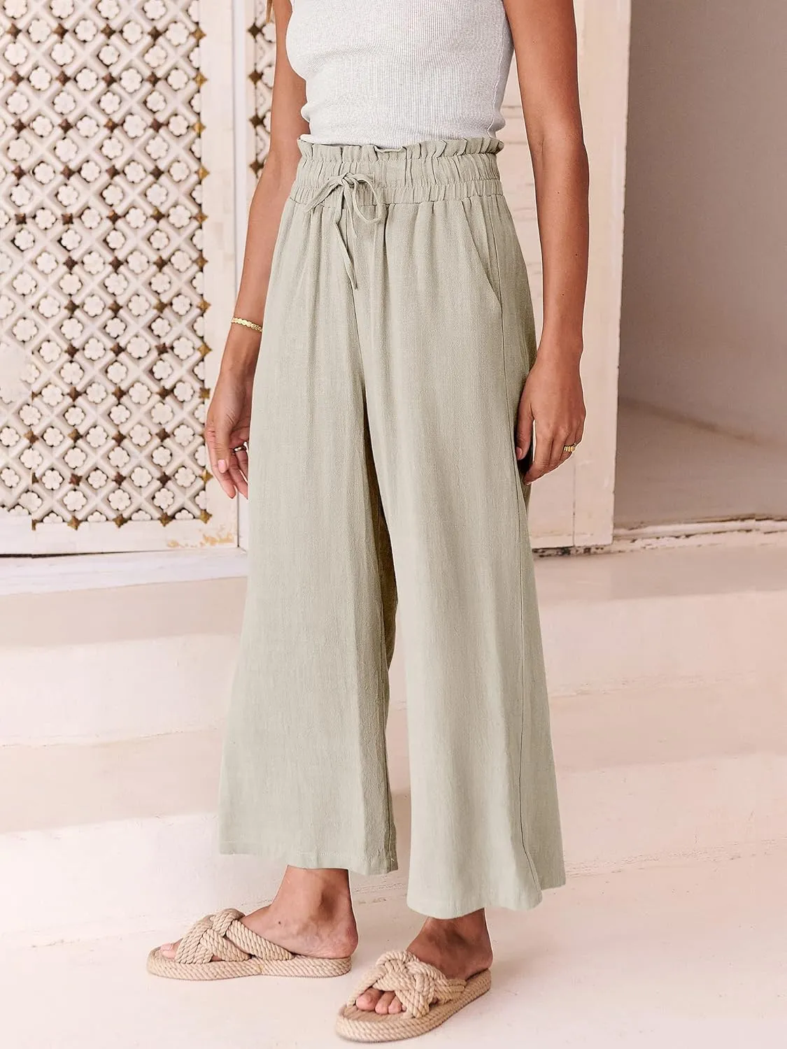 ANRABESS Women Linen Pants Casual Loose High Waist Boho Wide Leg Cropped Palazzo Beach Pants Summer Outfits 2025 Trendy