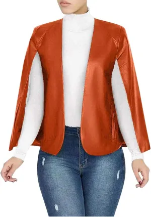 Aro Lora Women's PU Faux Leather Open Front Cape Cloak Poncho Slit Sleeve Short Jacket Coat Blazer