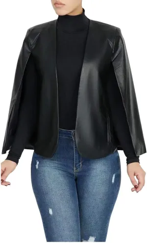 Aro Lora Women's PU Faux Leather Open Front Cape Cloak Poncho Slit Sleeve Short Jacket Coat Blazer
