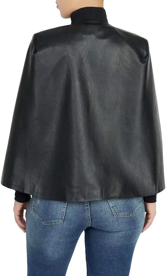 Aro Lora Women's PU Faux Leather Open Front Cape Cloak Poncho Slit Sleeve Short Jacket Coat Blazer