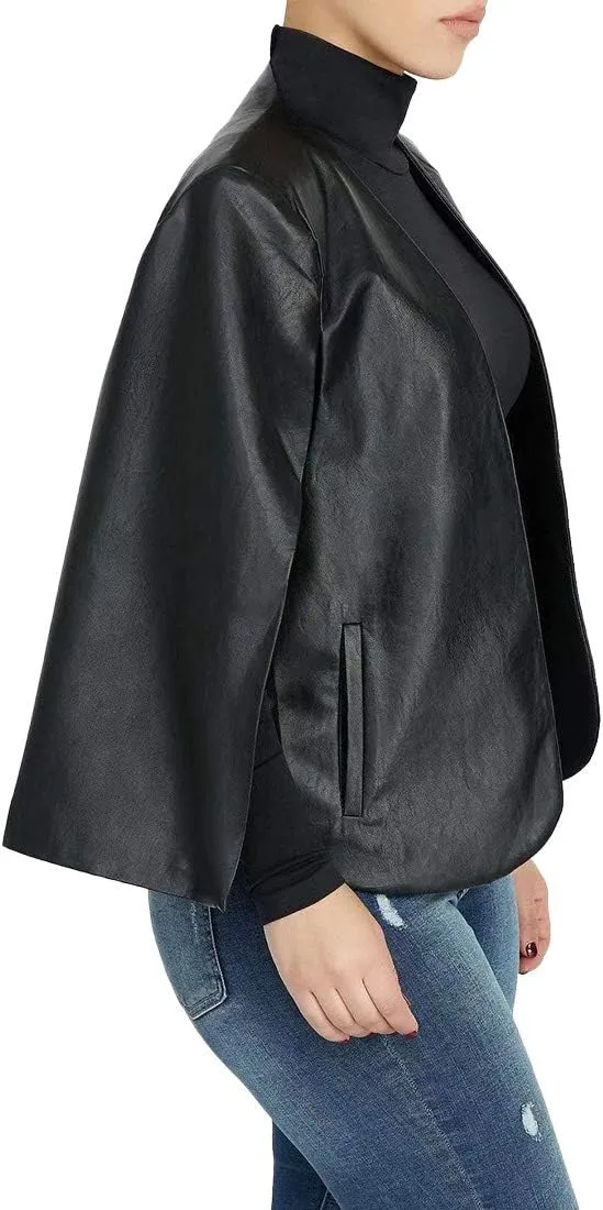 Aro Lora Women's PU Faux Leather Open Front Cape Cloak Poncho Slit Sleeve Short Jacket Coat Blazer