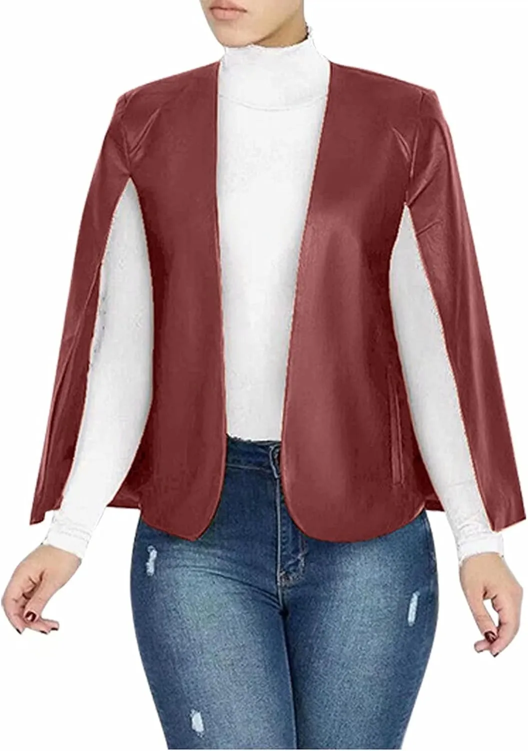 Aro Lora Women's PU Faux Leather Open Front Cape Cloak Poncho Slit Sleeve Short Jacket Coat Blazer