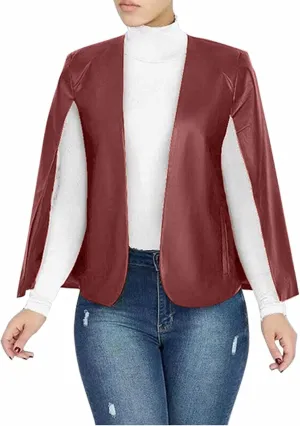 Aro Lora Women's PU Faux Leather Open Front Cape Cloak Poncho Slit Sleeve Short Jacket Coat Blazer