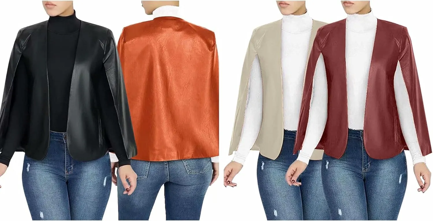 Aro Lora Women's PU Faux Leather Open Front Cape Cloak Poncho Slit Sleeve Short Jacket Coat Blazer