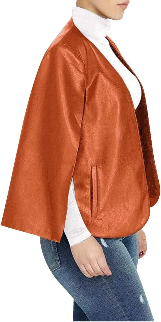 Aro Lora Women's PU Faux Leather Open Front Cape Cloak Poncho Slit Sleeve Short Jacket Coat Blazer
