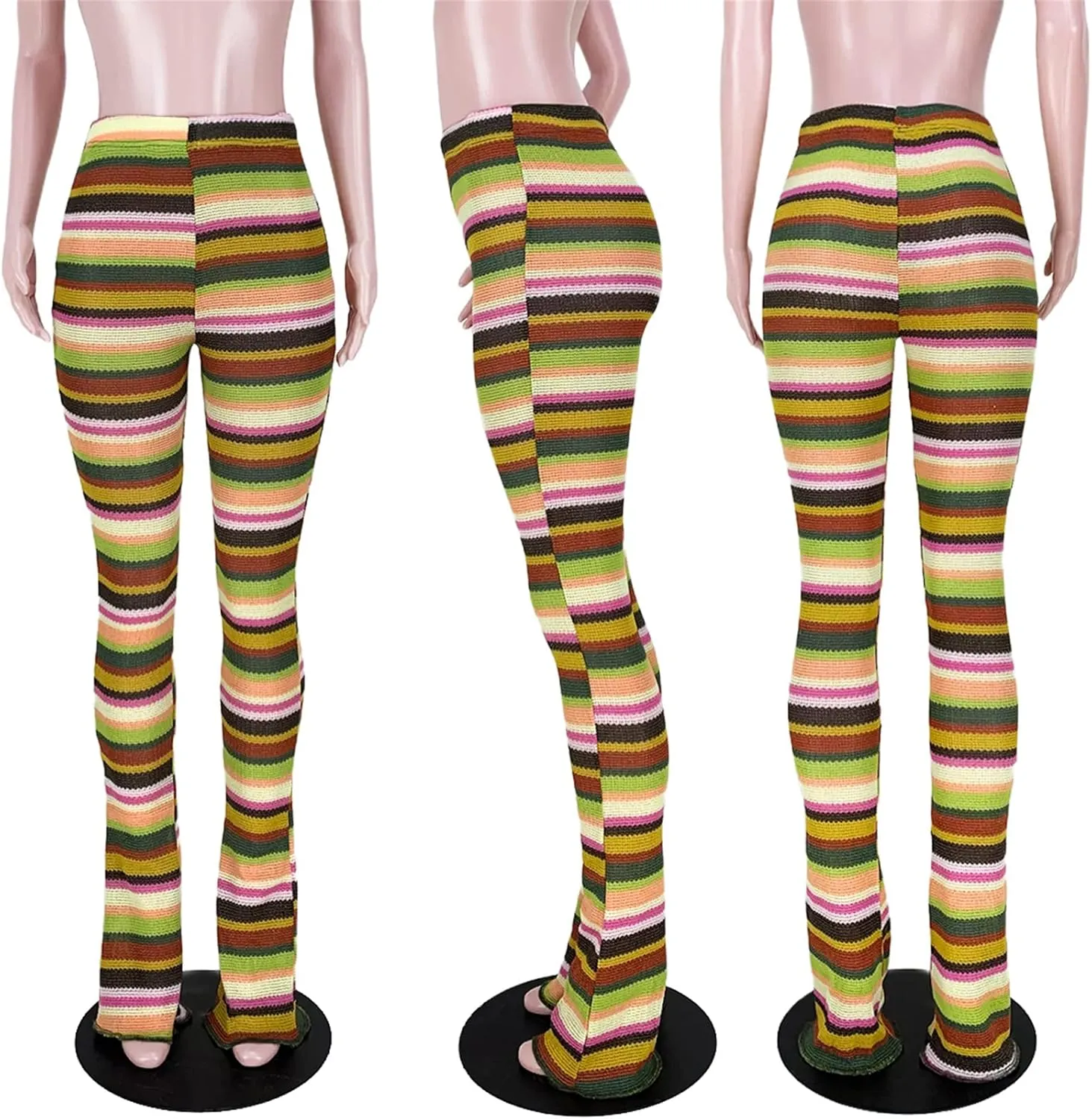 Atyfuniby Stacked Pants for Women - High Waisted Knitted Splice Striped Sweatpants Club Streetwear