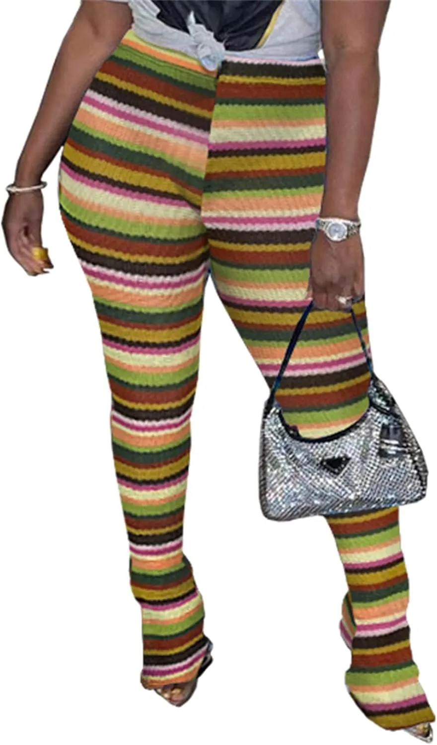 Atyfuniby Stacked Pants for Women - High Waisted Knitted Splice Striped Sweatpants Club Streetwear