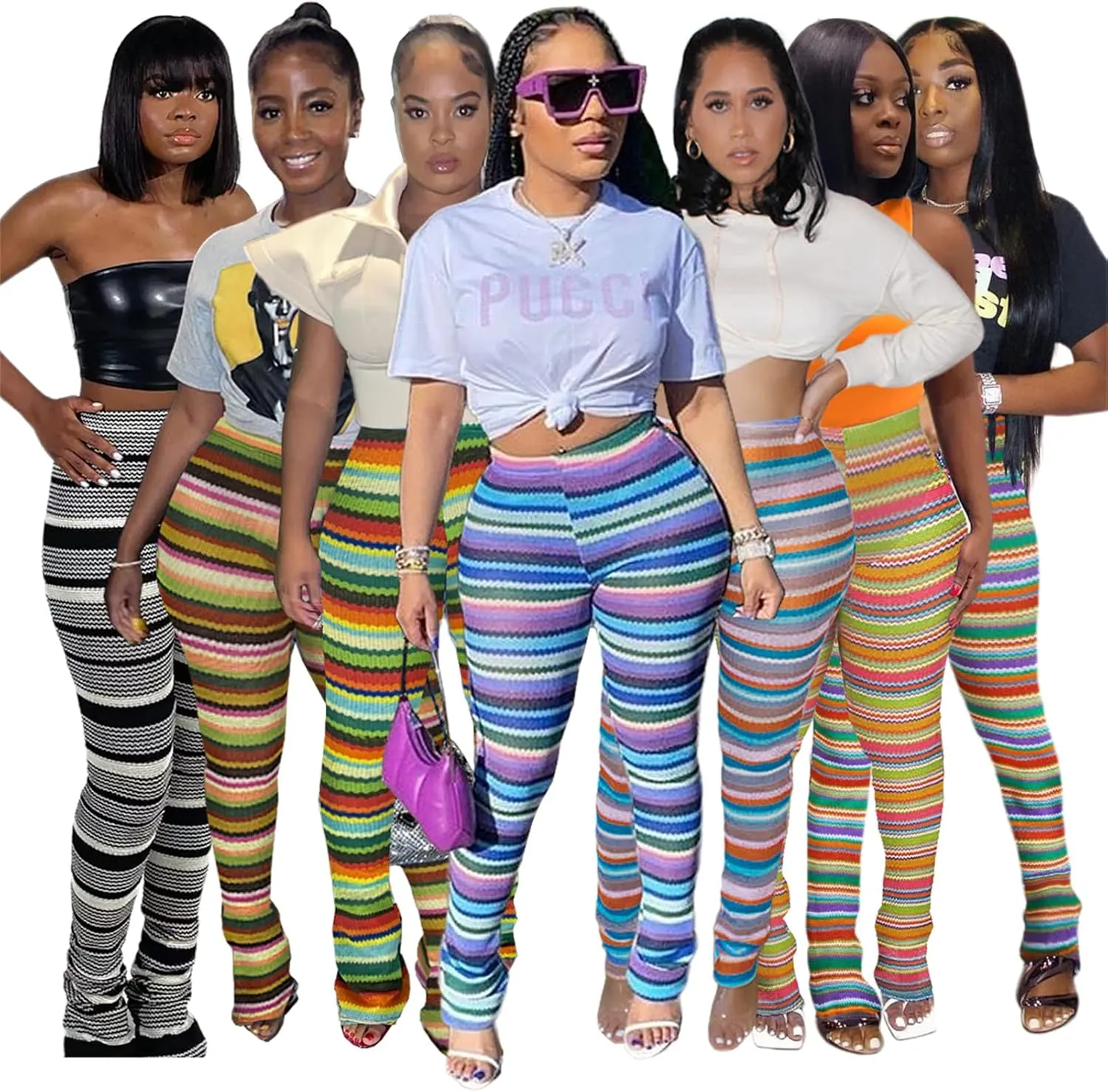 Atyfuniby Stacked Pants for Women - High Waisted Knitted Splice Striped Sweatpants Club Streetwear