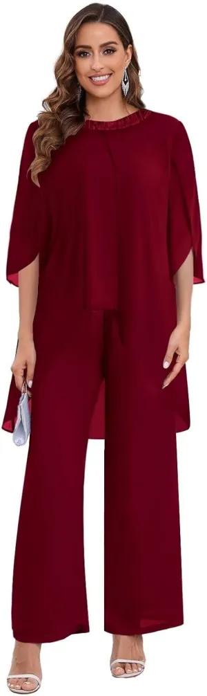 BANTRATIC 2 Pieces Mother of The Bride Pantsuits for Wedding Half Sleeve Chiffon Formal Evening Prom Cocktail Pant Outfit